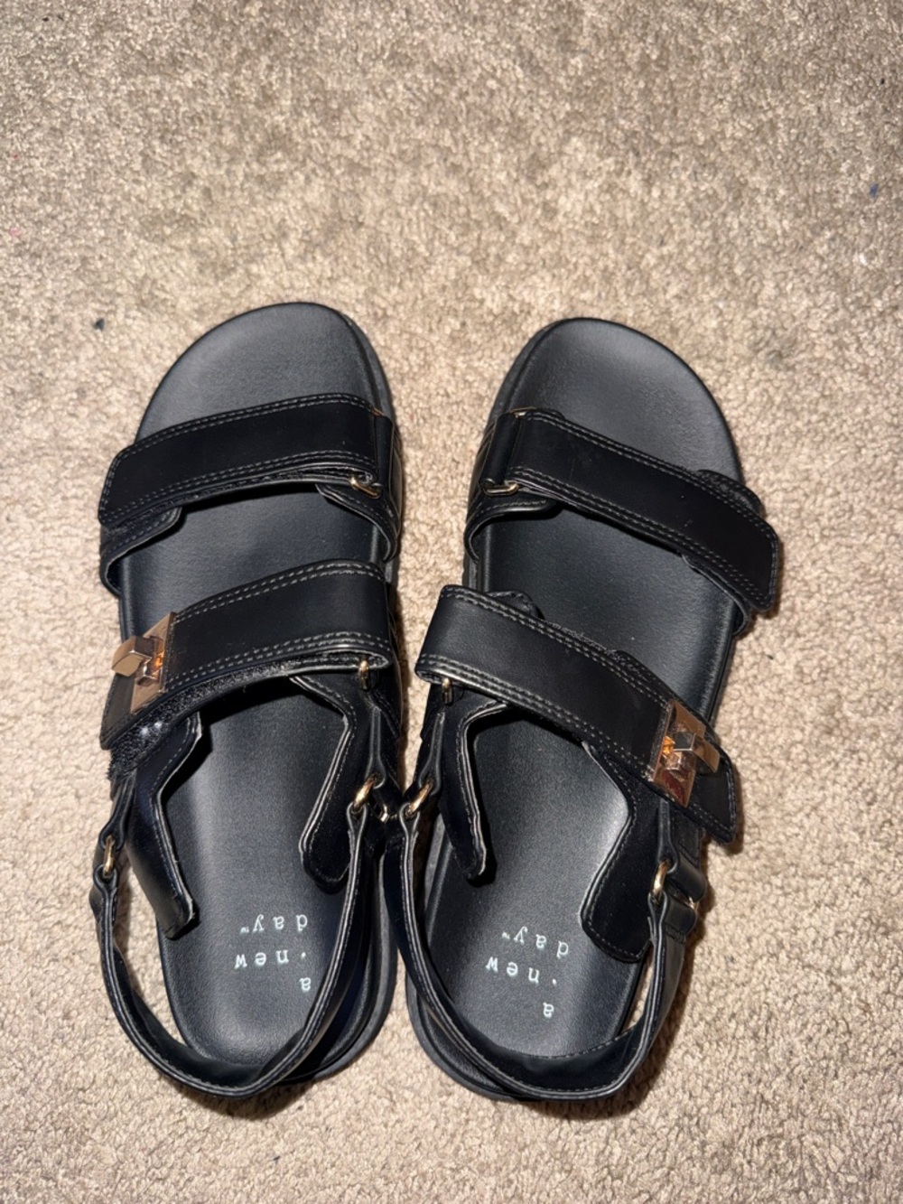 a new day Black Girls' Double-Strap Sandals with Gold Buckles